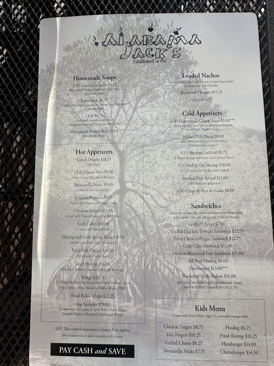 Bar menu with seafood and cocktails.