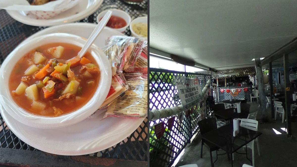Seafood spot with tables near the dock.